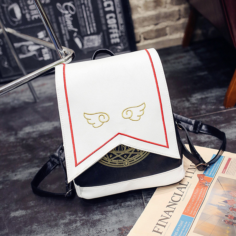 Japanese New Cute Embroidered Wings Sakura Magic PU Backpack Anime Cartoon Backpack Student Schoolbag