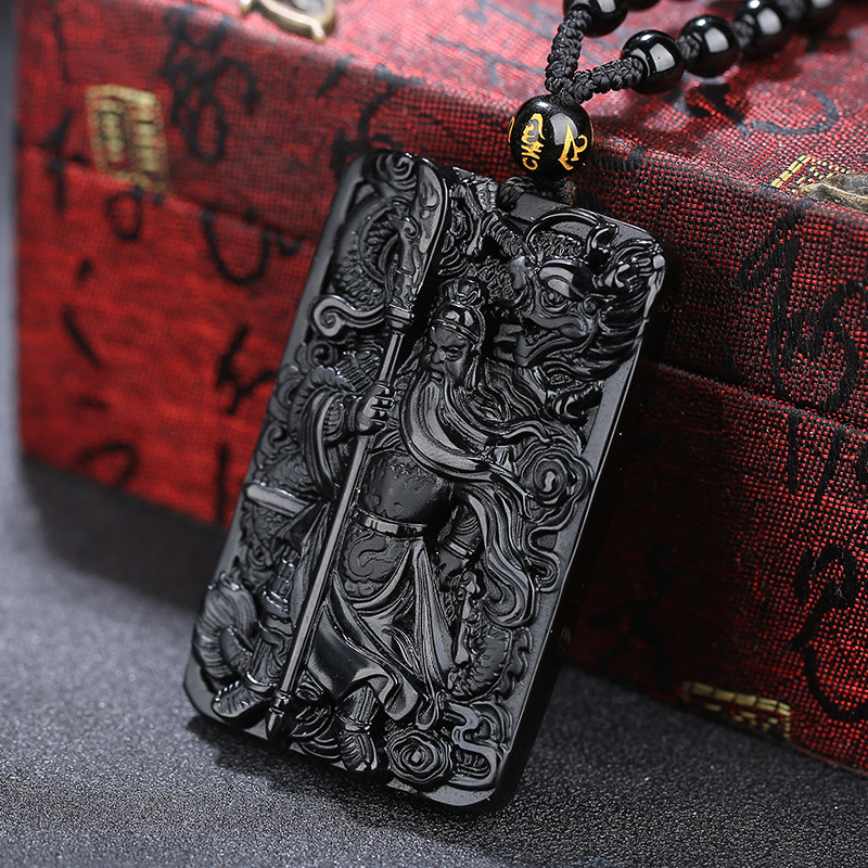 Chengshi Jewelry Natural New Black Gold Obsidian Guan Gong Pendant Men's Domineering Men's Necklace Women's Piece