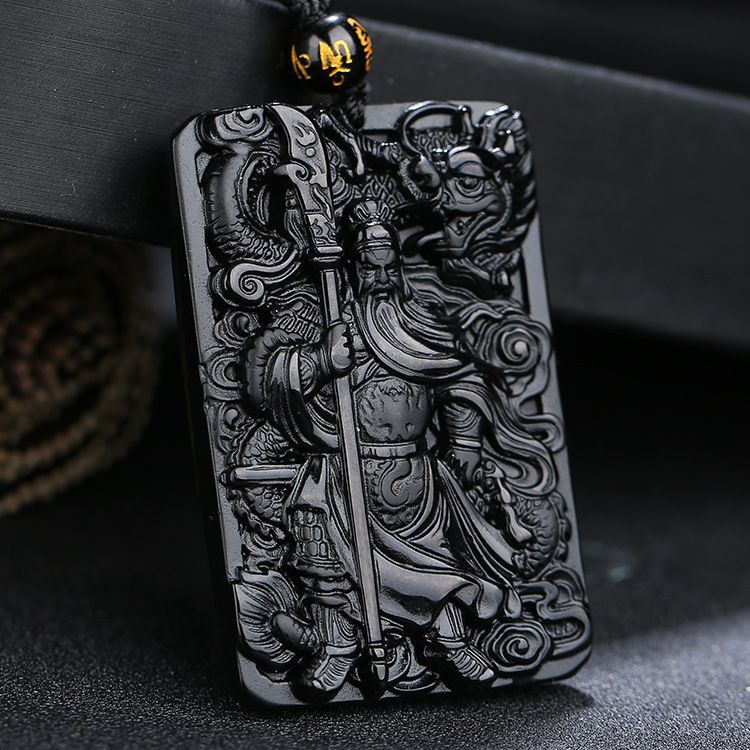 Chengshi Jewelry, натуральный новый черный золотой обсидиан, кулон Гуань Гун, мужское доминирующее ожерелье, женская модель