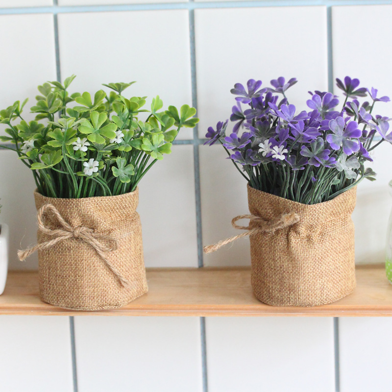 Linen cloth four-leaf clover lucky grass artificial flower plastic artificial flower simulation plant potted small bonsai home decoration ornaments