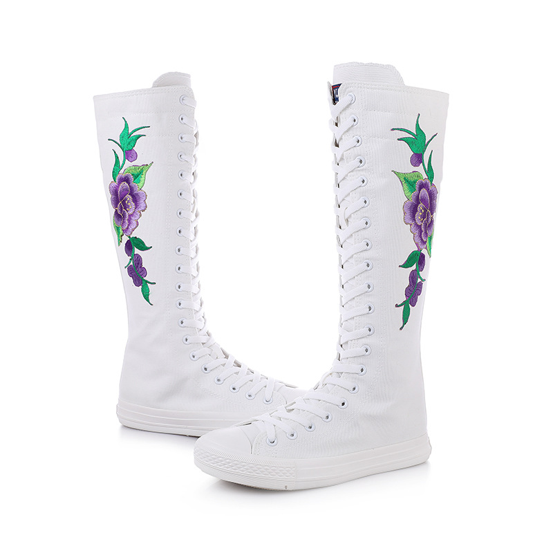Korean Style Fashion Deductive Actor Embroidered Dancing Lace-up Side Zipper Super High Top Boots Canvas Women's Shoes Trendy