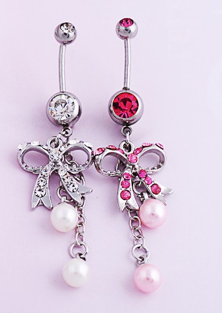 Amazon AliExpress hot-selling diamond-embedded navel ring bow pink navel jewelry body piercing jewelry navel ring