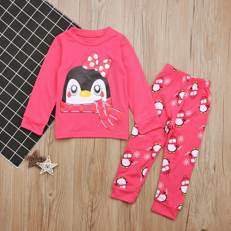 Children's European and American Spring and Autum Girls' Penguin Long-Sleeved T-Shirt + Pants Two-Piece Home Clothes Kidsren's Suit Ins