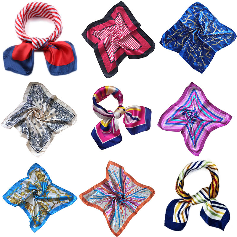 Сатиновый маленький квадратный шарф 50 см, кружевной, женский, печатный шелковый шарф, декоративный подарок, упаковка для стюардесс, универсальный