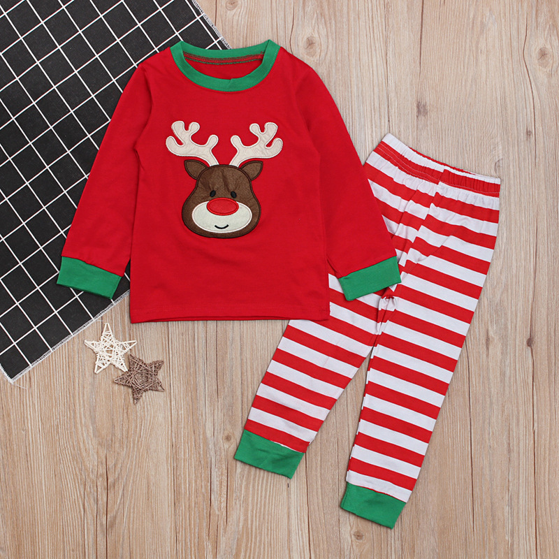 Girls' European and American Spring and Autum Christmas Long-sleeved Elk Tops + Stripesd Pants Home Clothes Kidsren's Suits ins