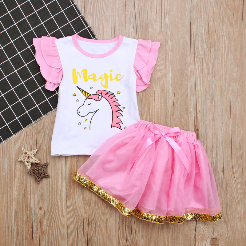 Girls European and American Summer Letter Unicorn Pink Sleeveless Vest Top + Short Skirt Two-piece Set Kidsren's Clothing ins