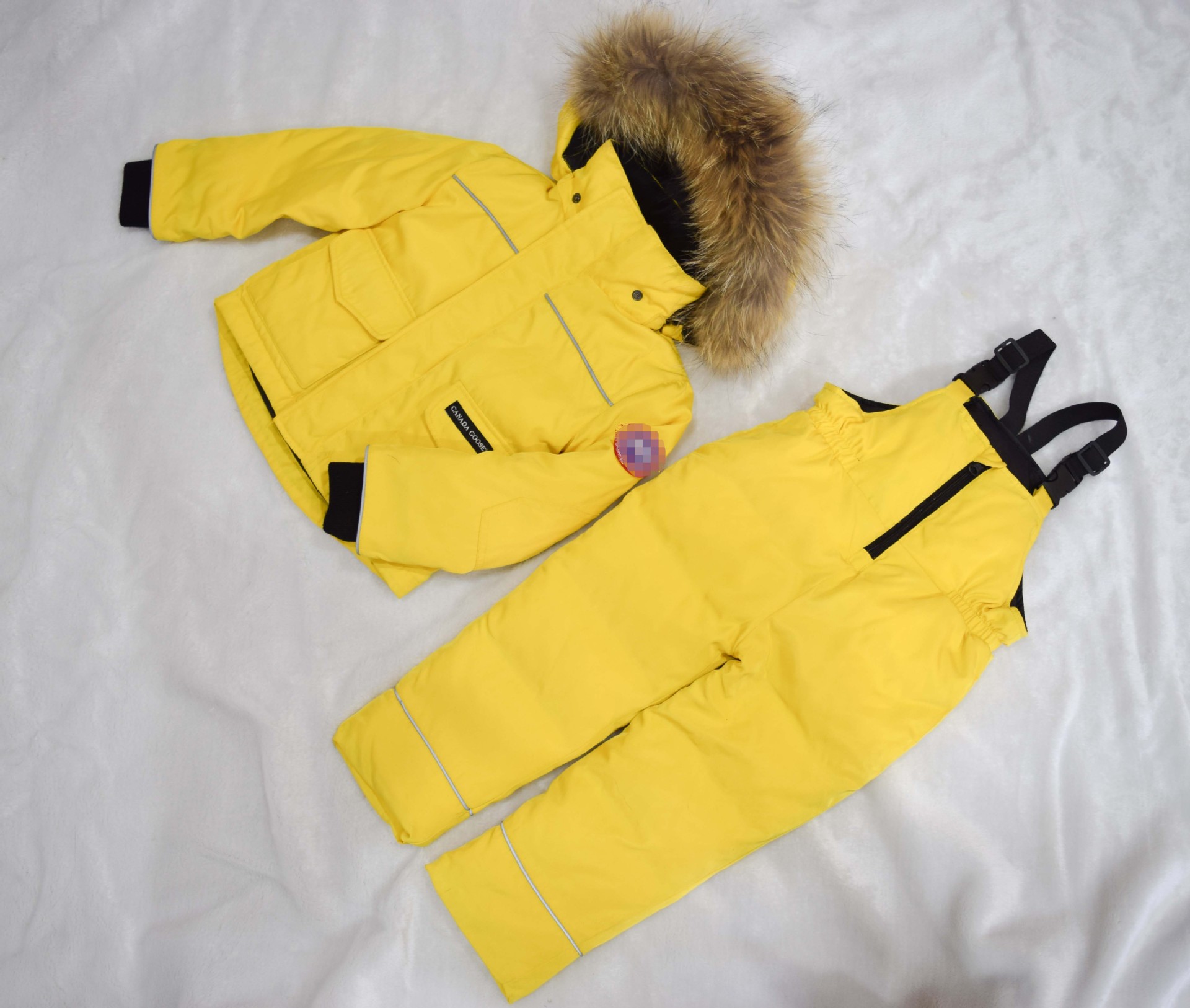 New European and American Children's Clothing down Jacket White Duck down Real Raccoon Fur Collar Overalls Jacket Two-Piece Set Wholesale Can Be One Piece