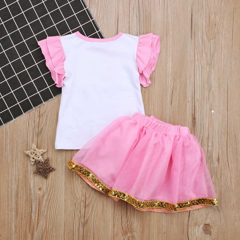 Girls European and American Summer Letter Unicorn Pink Sleeveless Vest Top + Short Skirt Two-piece Set Kidsren's Clothing ins