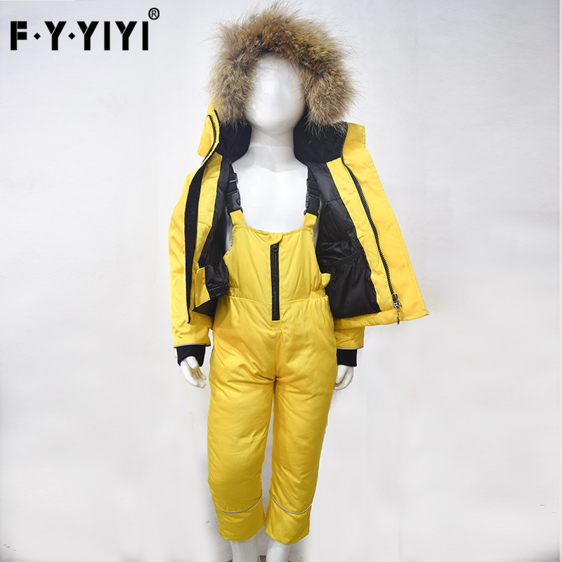 New European and American Children's Clothing down Jacket White Duck down Real Raccoon Fur Collar Overalls Jacket Two-Piece Set Wholesale Can Be One Piece