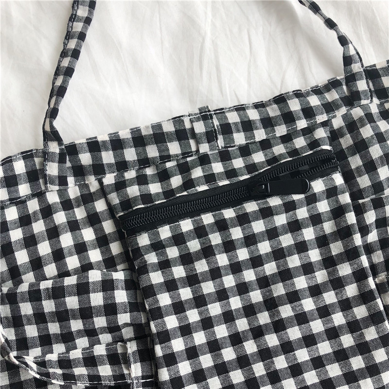 L308 Summer New Style Red and White Plaid Girly Heart Lace-Up Cloth Bag K-Style Small Fresh Literary and Artistic Women's Bag Trendy