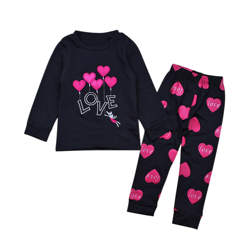 Girls' European and American Spring and Autumn Valentine's Day love Long Sleeve T-shirt + Trousers Two-Piece Home Clothes Children's Wear