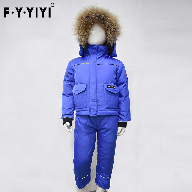 New European and American Children's Clothing down Jacket White Duck down Real Raccoon Fur Collar Overalls Jacket Two-Piece Set Wholesale Can Be One Piece