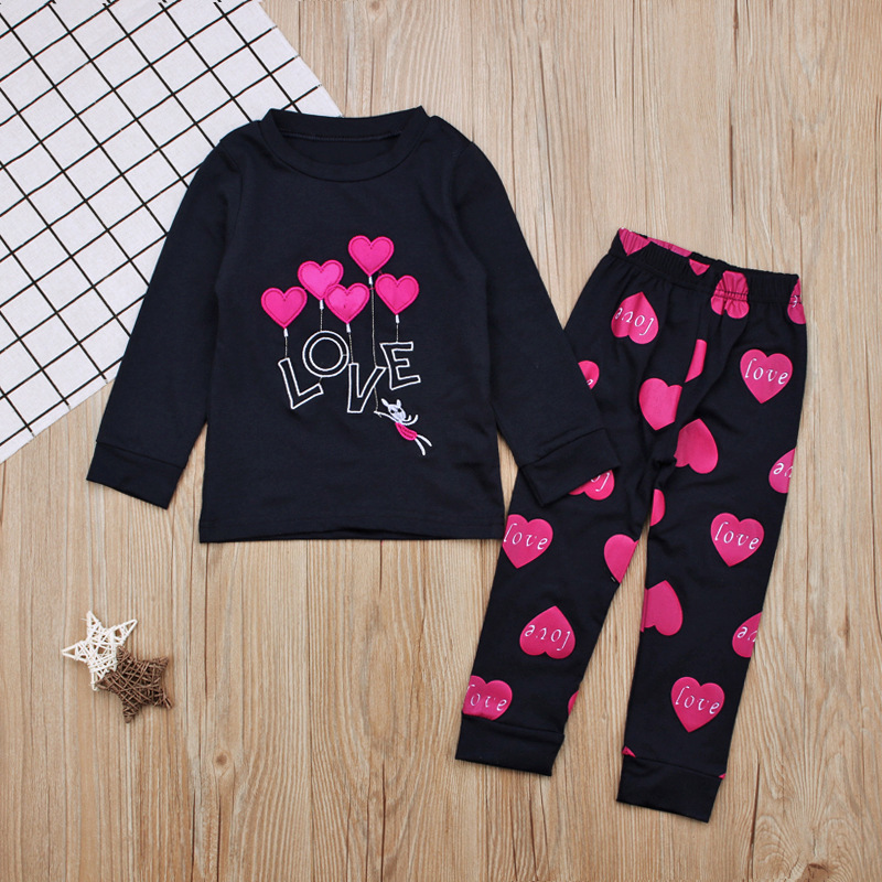 Girls' European and American Spring and Autumn Valentine's Day love Long Sleeve T-shirt + Trousers Two-Piece Home Clothes Children's Wear