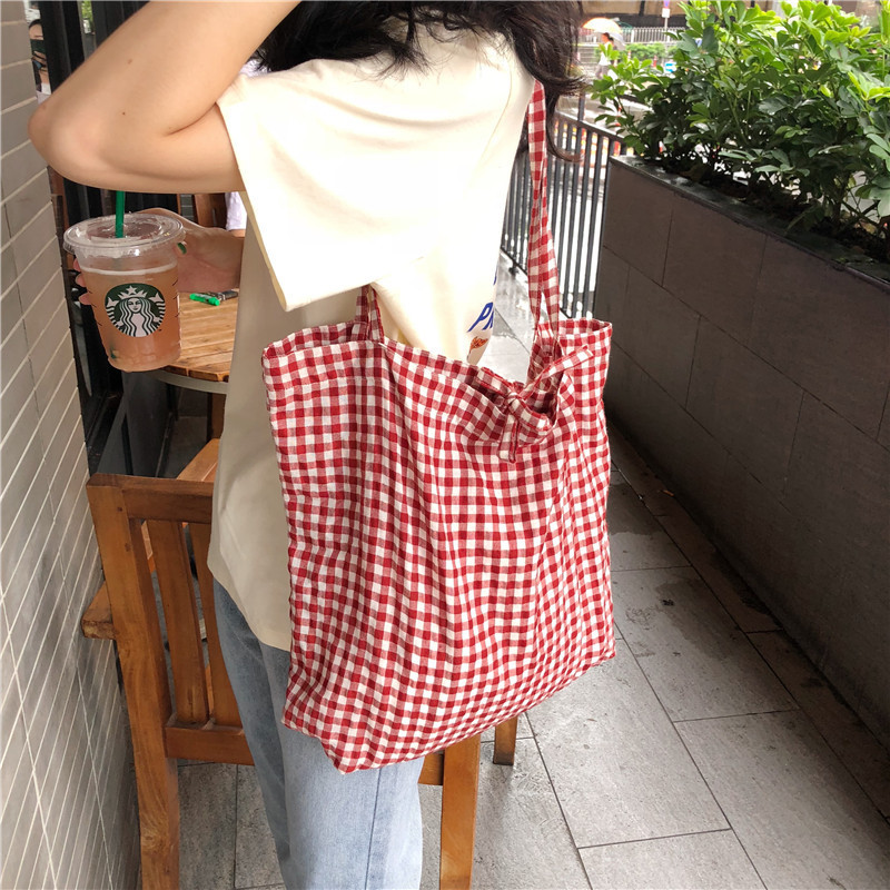 L308 Summer New Style Red and White Plaid Girly Heart Lace-Up Cloth Bag K-Style Small Fresh Literary and Artistic Women's Bag Trendy