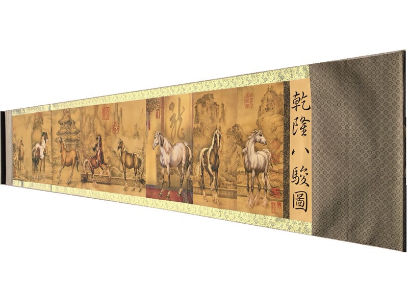 Антикварная оптовая брошюра, подвесная картина, длинный свиток, картина Цяньлун, восемь лошадей, декор для офиса, картина для гостиной