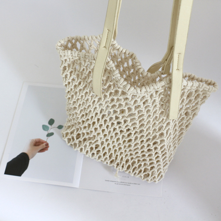 New hollow rectangular Pu bottom cotton rope woven bag vacation straw mesh bag beach bag women's shoulder bag