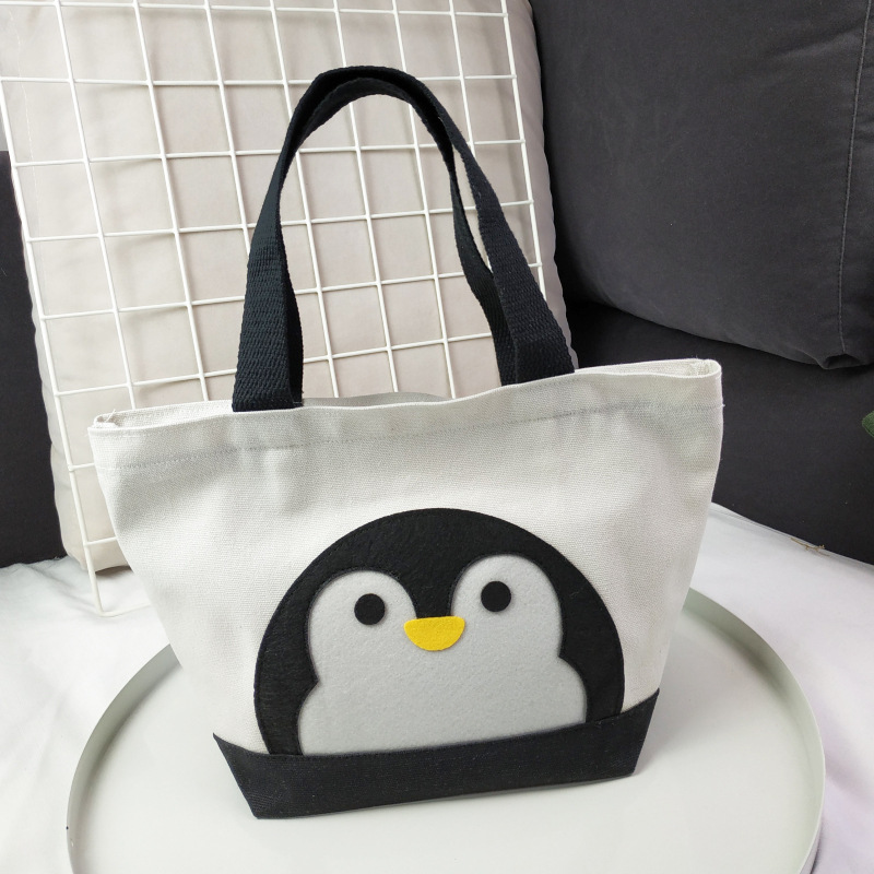 Customized original super cute penguin pattern black and white splicing canvas lunch bag lunch box handbag shopping bag