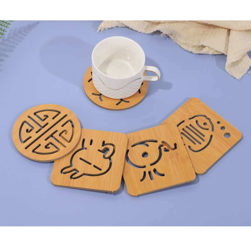 Hollow Wooden Placemats, Cute Tea Cup Mats, Bowl Mats, Kitchen Thickened Anti-Scalding Heat Insulation Mats, New Chinese Style Tableware