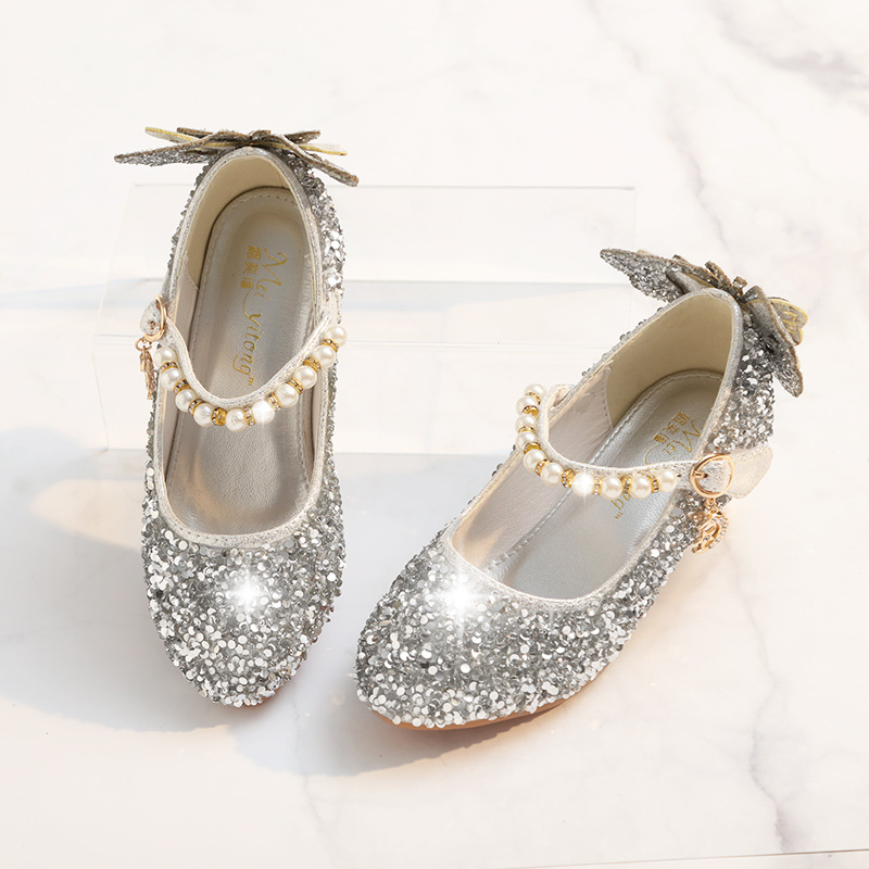 Girls' High-Heeled Shoes Elsa Princess 2026 Spring and Summer Sequined Crystal Small Leather Shoes Silver Stage Performance Princess Shoes