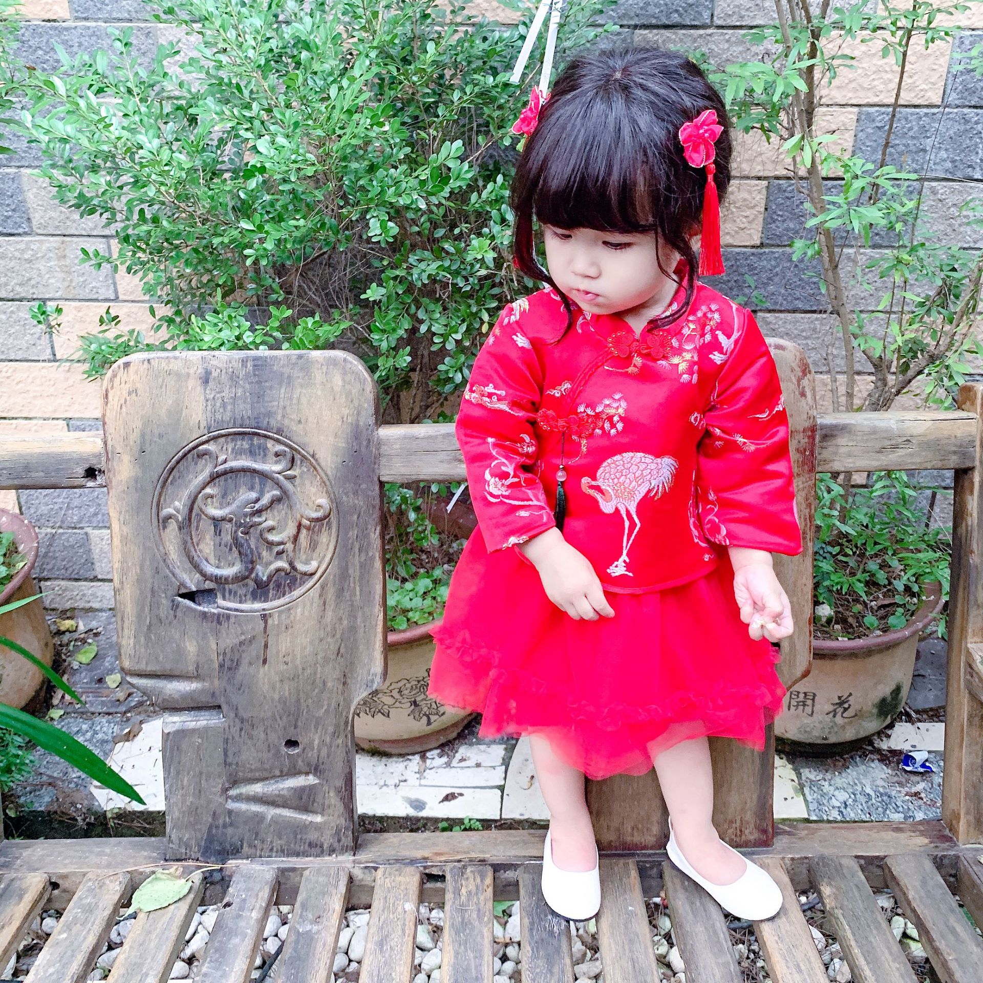 Autumn and winter 2020 0-3 years old children's girls Chinese style festive red-crowned crane embroidered long-sleeved cheongsam Tang dress