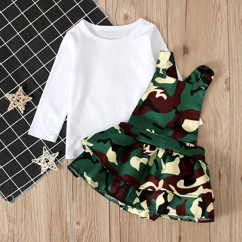 Girls' European and American Spring and Autum Long-sleeved Tops + Camouflage Suspender Skirts Sister Wear Two-piece Kidsren's Clothing ins