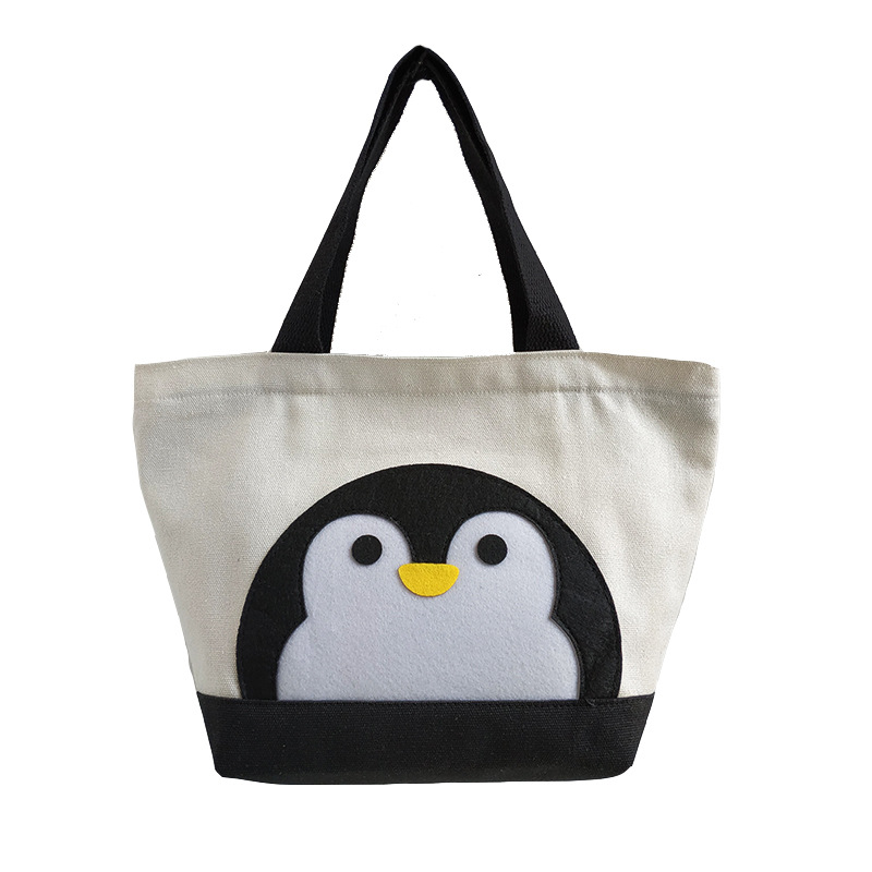 Customized original super cute penguin pattern black and white splicing canvas lunch bag lunch box handbag shopping bag