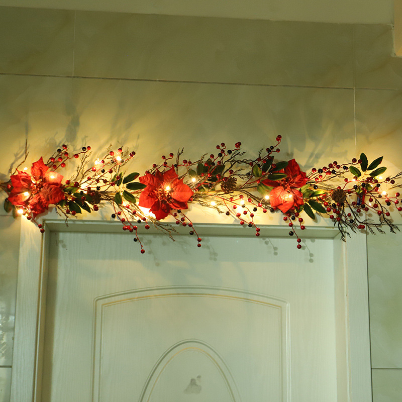 Hongyu Red Christmas Flower Rattan Simulation Plant Red Fruit Green Leaf with Light Vine Home Door and Window Decorations