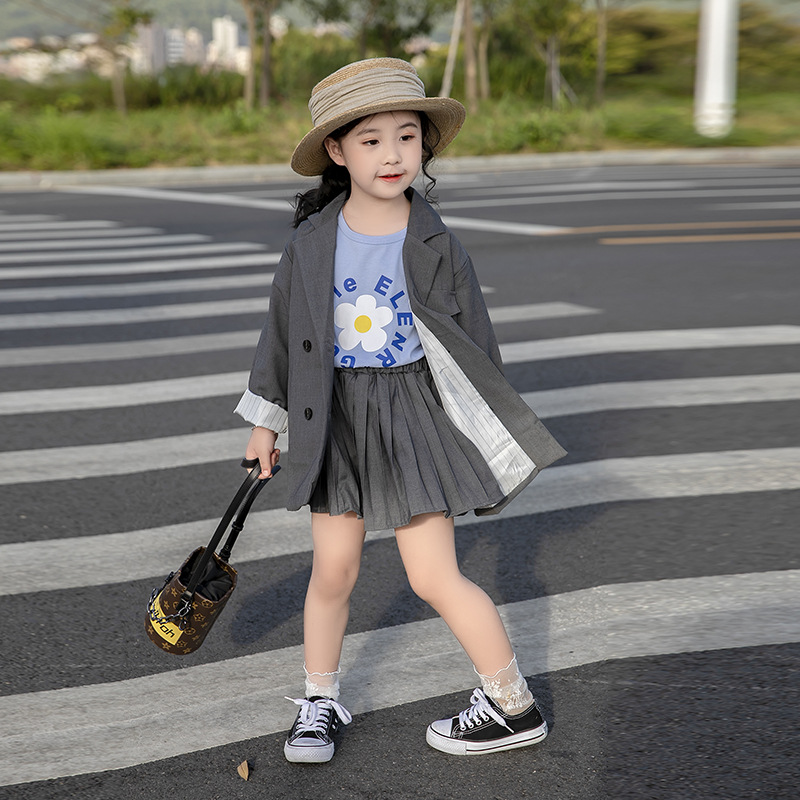 Костюм для девочек в корейском стиле, юбка с складками, средней длины, модный костюм
