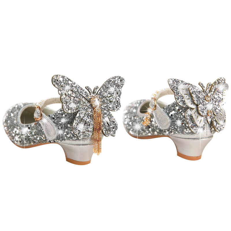 Girls' High-Heeled Shoes Elsa Princess 2026 Spring and Summer Sequined Crystal Small Leather Shoes Silver Stage Performance Princess Shoes