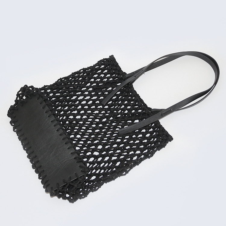 New hollow rectangular Pu bottom cotton rope woven bag vacation straw mesh bag beach bag women's shoulder bag