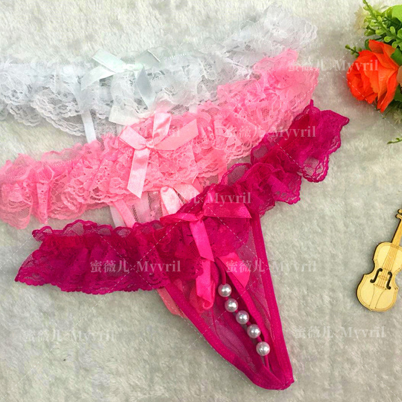 Lace Lace Sexy Temptation Women's Thongs Cute Girl's Open Crotch Beaded Tease Panties 3961