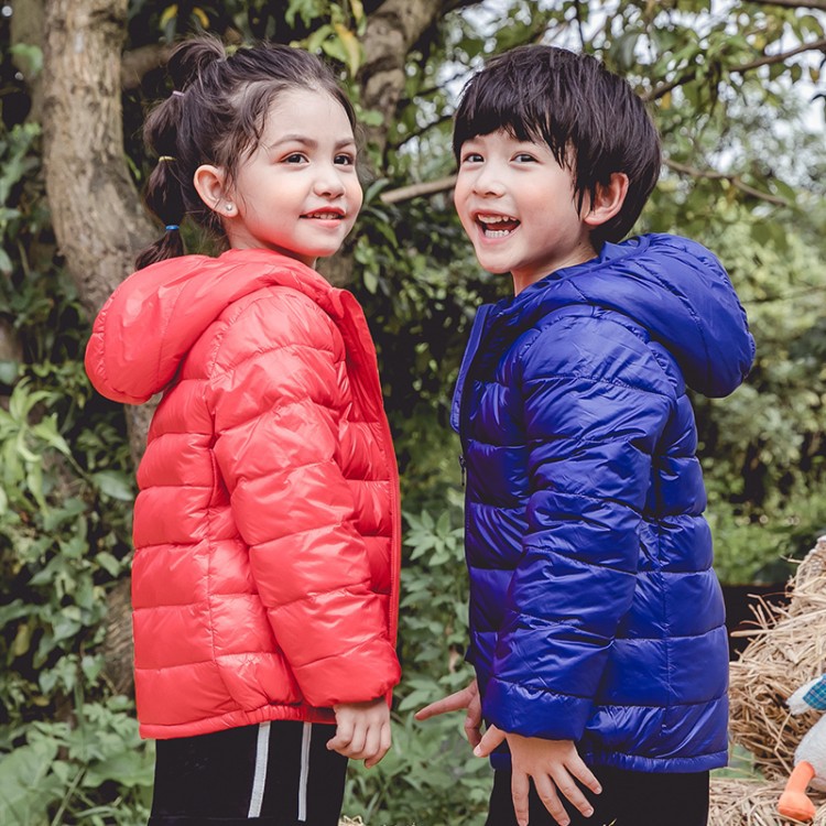 2019 Winter Children's Down Jacket Boys' Solid Color Thin Simple Lightweight Jacket Girls' Hooded Long-Sleeved Zipper Shirt