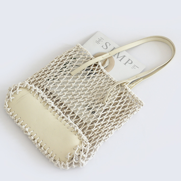 New hollow rectangular Pu bottom cotton rope woven bag vacation straw mesh bag beach bag women's shoulder bag
