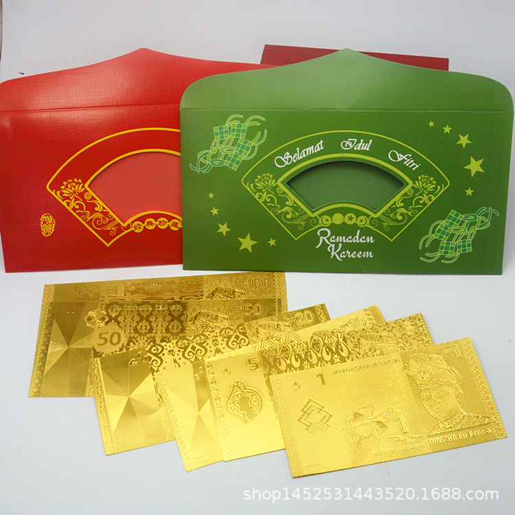Malaysia Gold Foil Gold Banknote Green Leather Green Bag Red Encapsulated Overseas Gold Coin Lucky Collection Commemorative Banknote Gift
