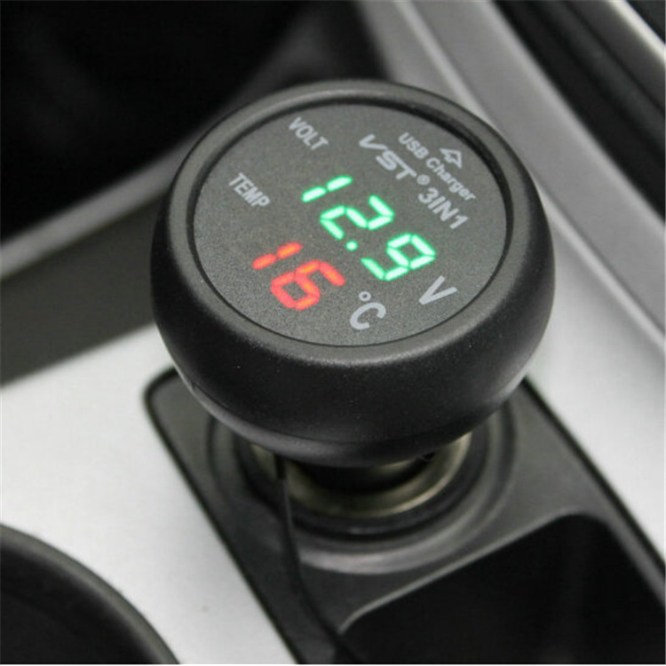 VST three-in-one multifunctional car voltmeter car thermometer USB mobile phone charger car supplies