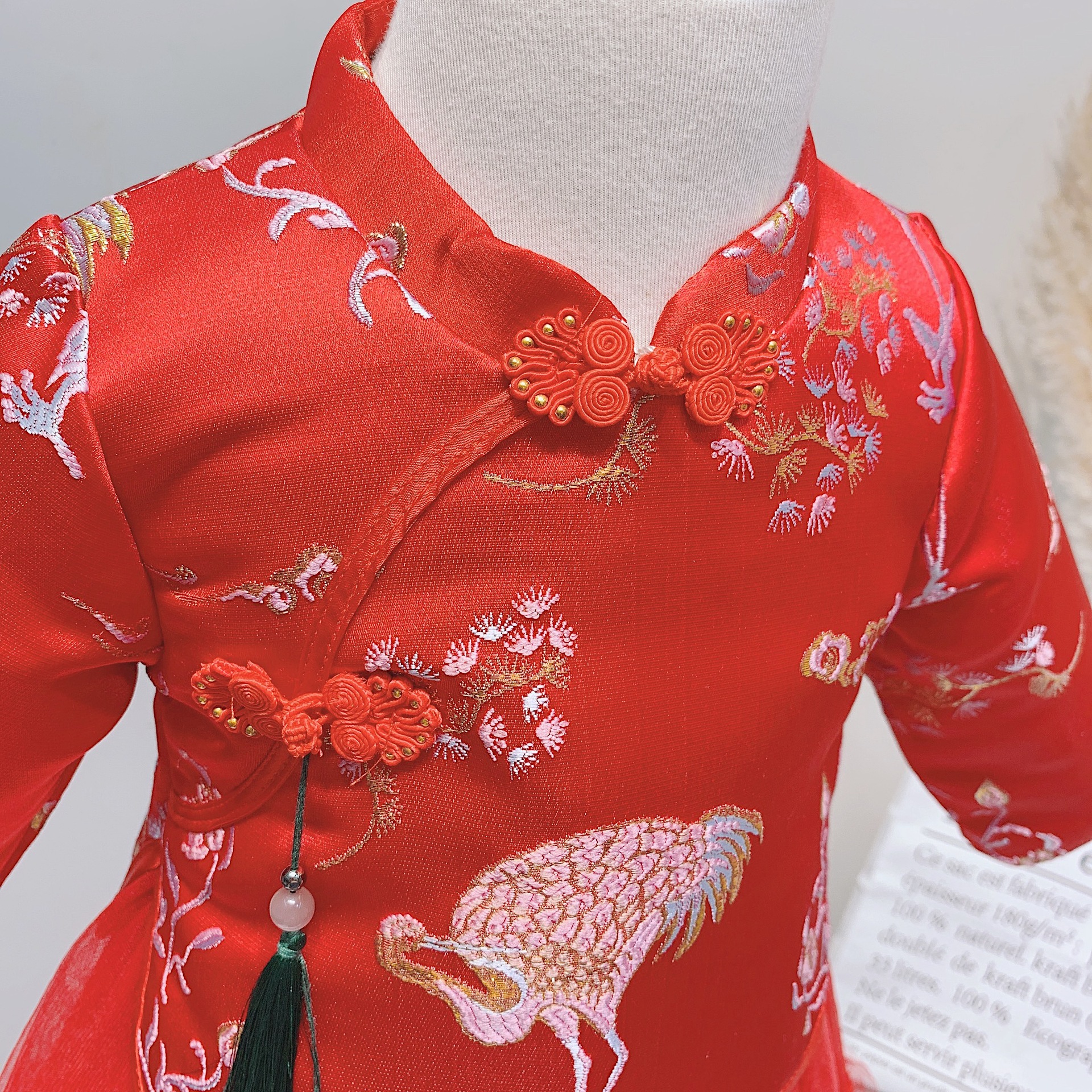 Autumn and winter 2020 0-3 years old children's girls Chinese style festive red-crowned crane embroidered long-sleeved cheongsam Tang dress
