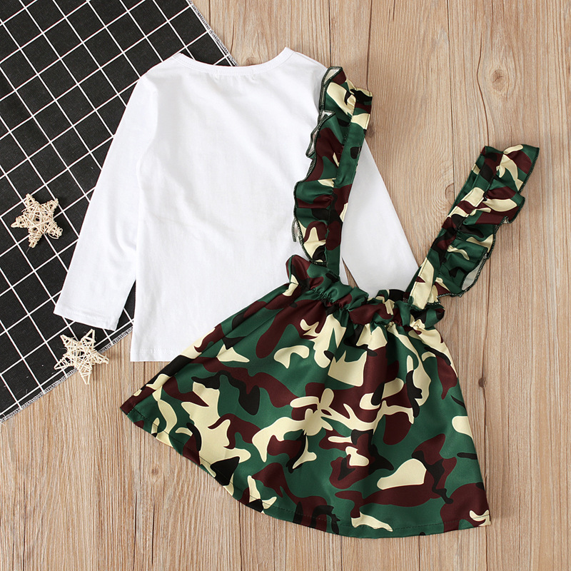 Girls' European and American Spring and Autum Long-sleeved Tops + Camouflage Suspender Skirts Sister Wear Two-piece Kidsren's Clothing ins