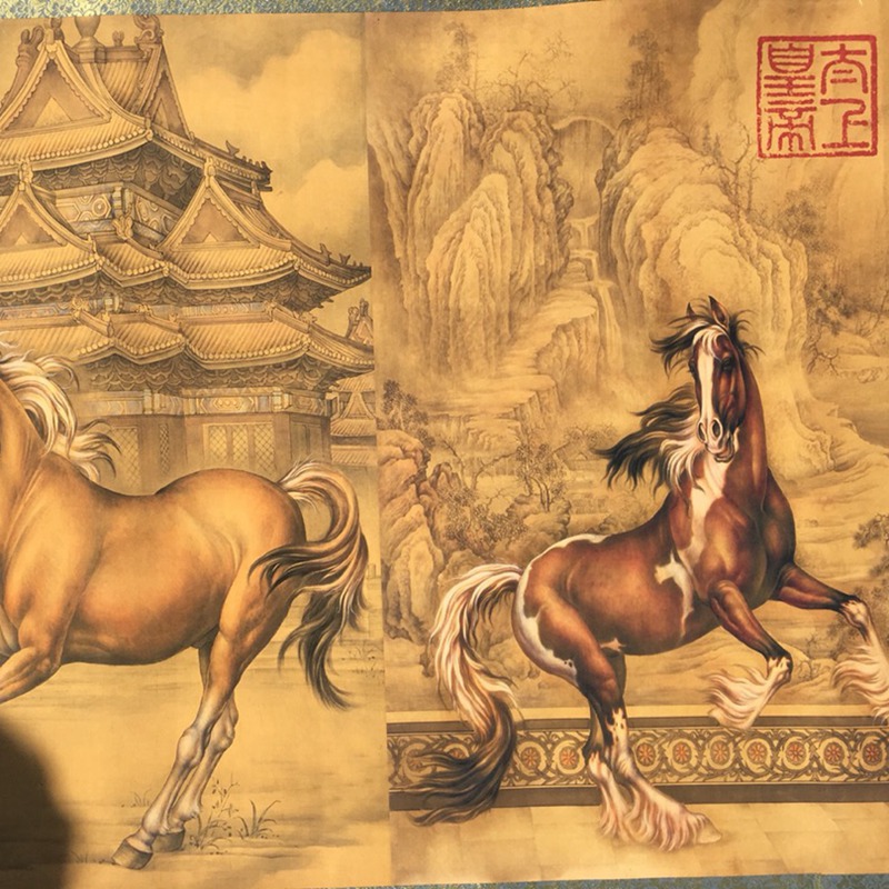 Antique Wholesale Brocade Painting Hanging Painting Long Scroll Painting Qianlong Eight骏图 Office Hanging Painting Decoration Living Room Painting