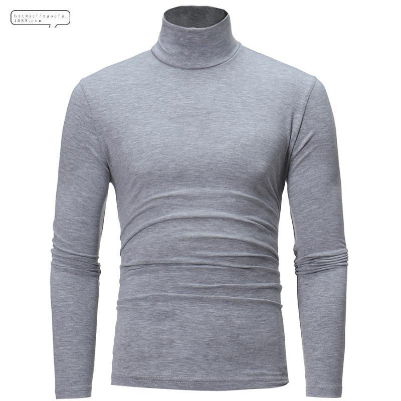 2021 Foreign Trade Amazon Autumn and Winter New Teen Men's High Collar Thin Solid Color Slim Fashion Long Sleeve T-shirt