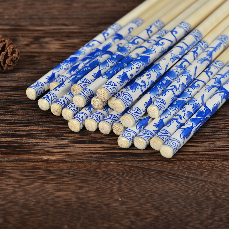 Carbonized Bamboo Chopsticks Tableware Individually Packaged Blue and White Orchid Restaurant Takeaway Set Flower Opp