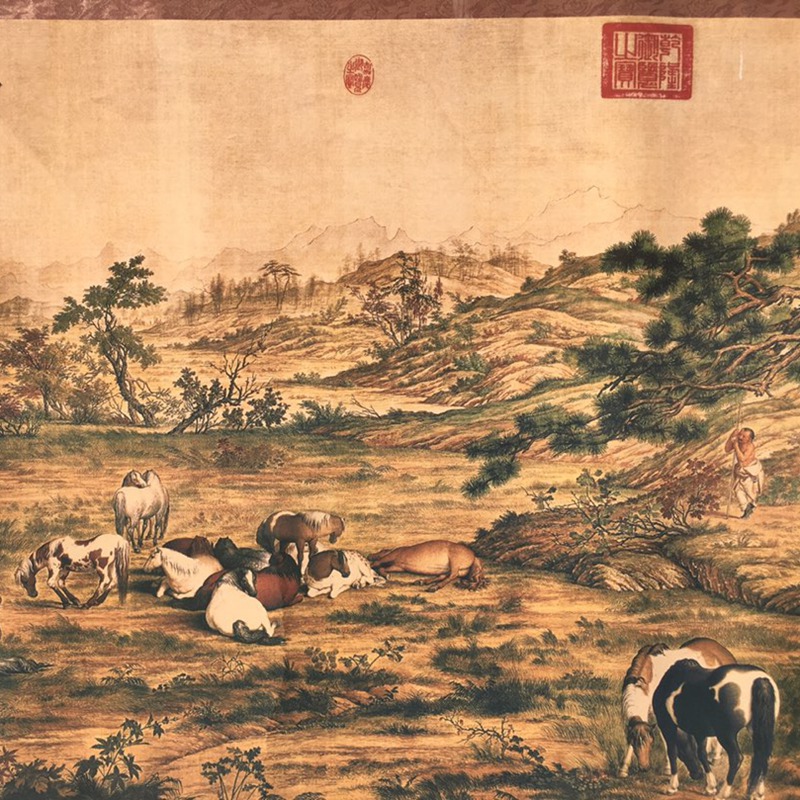 Antique Wholesale Banner Hanging Painting Long Scroll Painting Hundred Horse Picture Office Hanging Painting Decoration Living Room Painting Collection