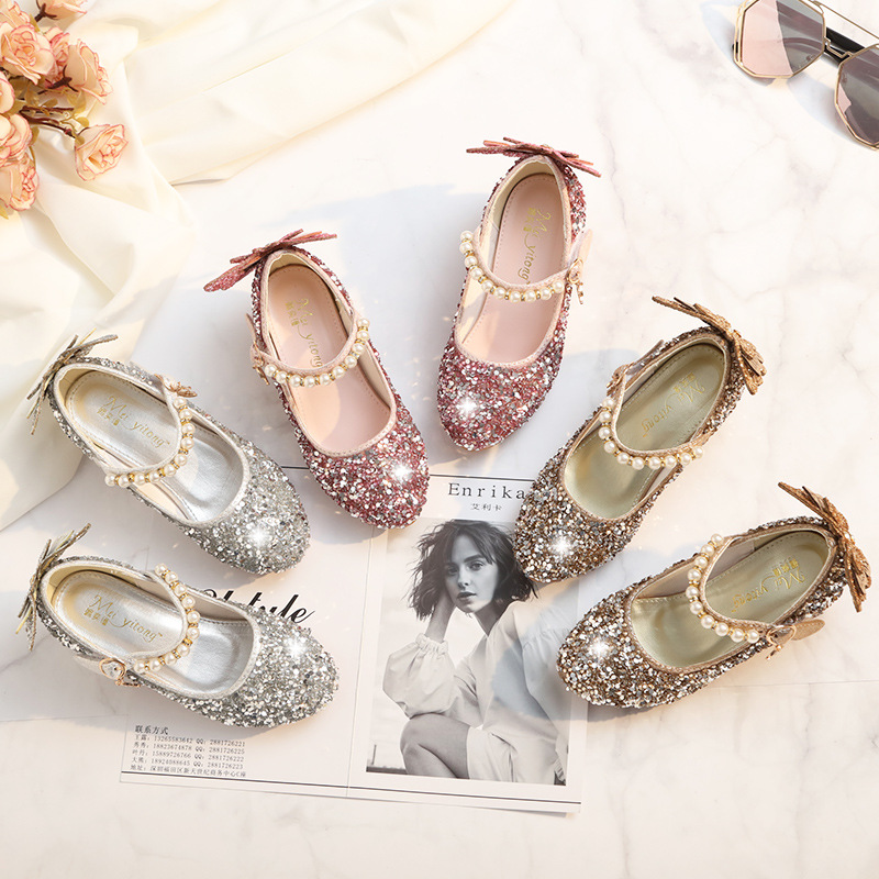 Girls' High-Heeled Shoes Elsa Princess 2026 Spring and Summer Sequined Crystal Small Leather Shoes Silver Stage Performance Princess Shoes
