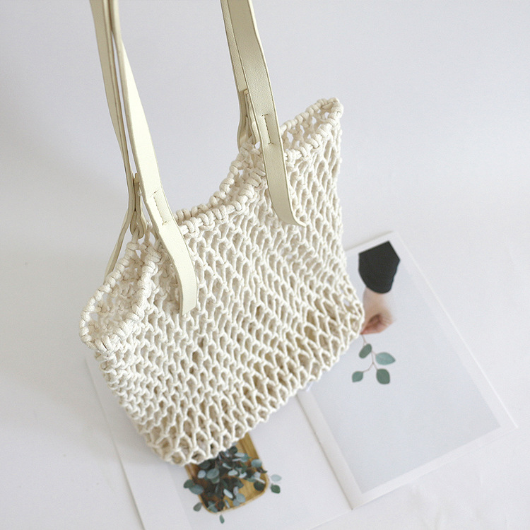 New hollow rectangular Pu bottom cotton rope woven bag vacation straw mesh bag beach bag women's shoulder bag