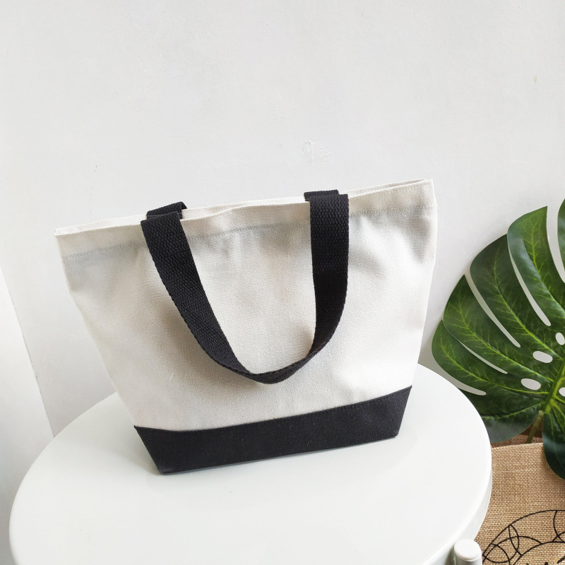 Customized original super cute penguin pattern black and white splicing canvas lunch bag lunch box handbag shopping bag