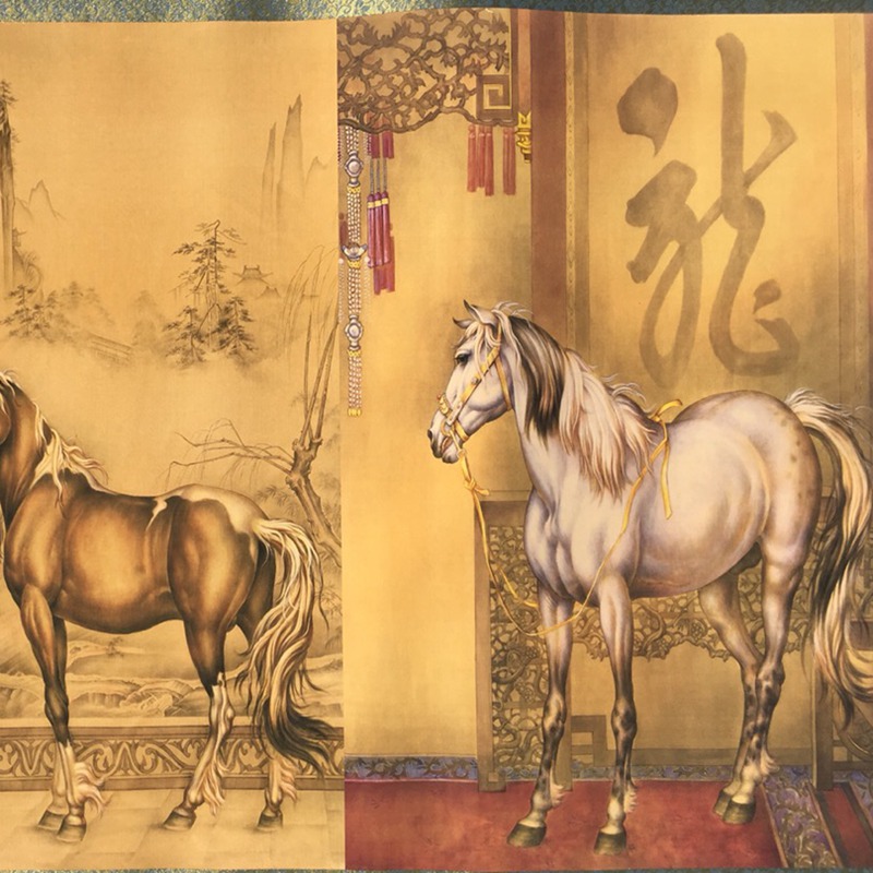 Antique Wholesale Brocade Painting Hanging Painting Long Scroll Painting Qianlong Eight骏图 Office Hanging Painting Decoration Living Room Painting