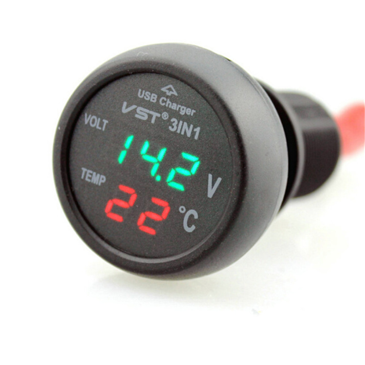 VST three-in-one multifunctional car voltmeter car thermometer USB mobile phone charger car supplies