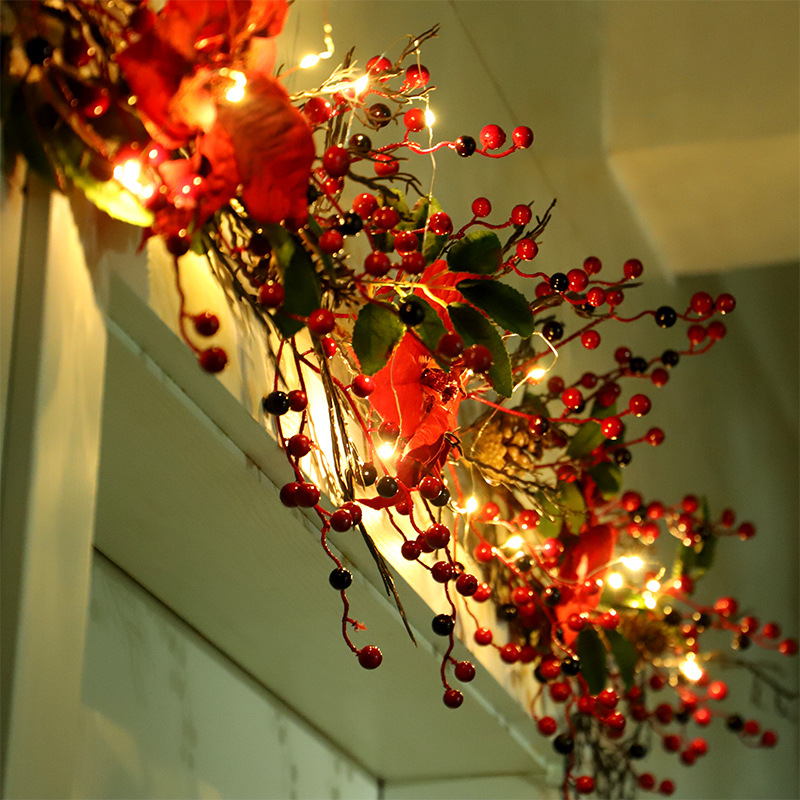 Hongyu Red Christmas Flower Rattan Simulation Plant Red Fruit Green Leaf with Light Vine Home Door and Window Decorations