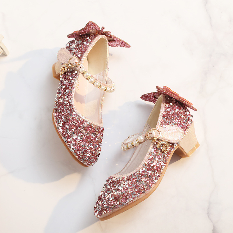 Girls' High-Heeled Shoes Elsa Princess 2026 Spring and Summer Sequined Crystal Small Leather Shoes Silver Stage Performance Princess Shoes
