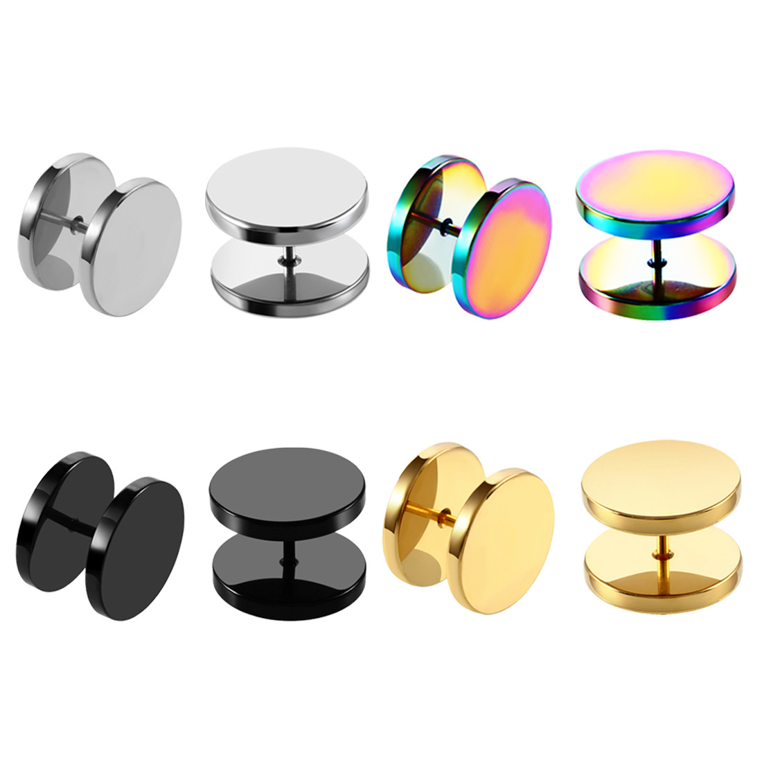 Europe and the United States popular stainless steel barbell earrings round cake plating hip-hop men's earrings cross-border manufacturers spot