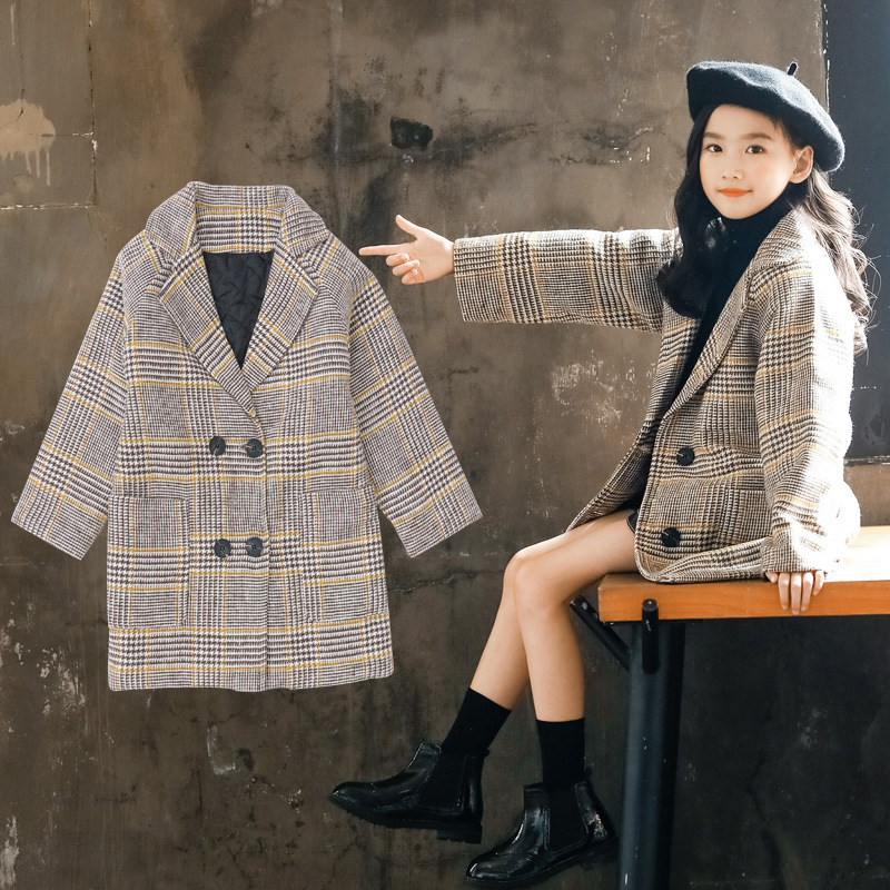 5 girls autumn and winter 6 woolen coat 7 long 8 children Korean suit girls 10 years old with cotton woolen coat